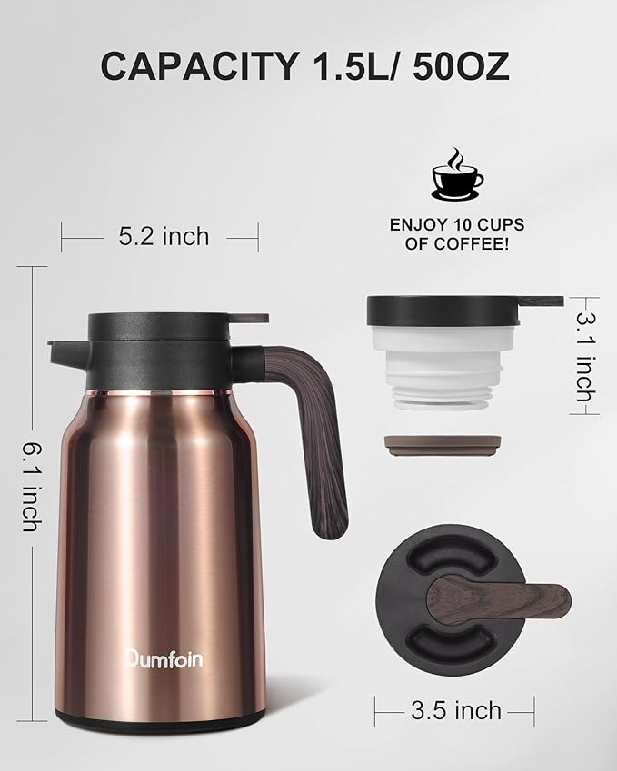 Carafes for Hot Liquids 51 oz - 12 Hour Stainless Steel Thermal Coffee Carafe-Insulated Coffee Carafes For Keeping Hot/Cold Coffee, Tea, Water, 1.5 Liter Beverage Dispenser(2 Gold)