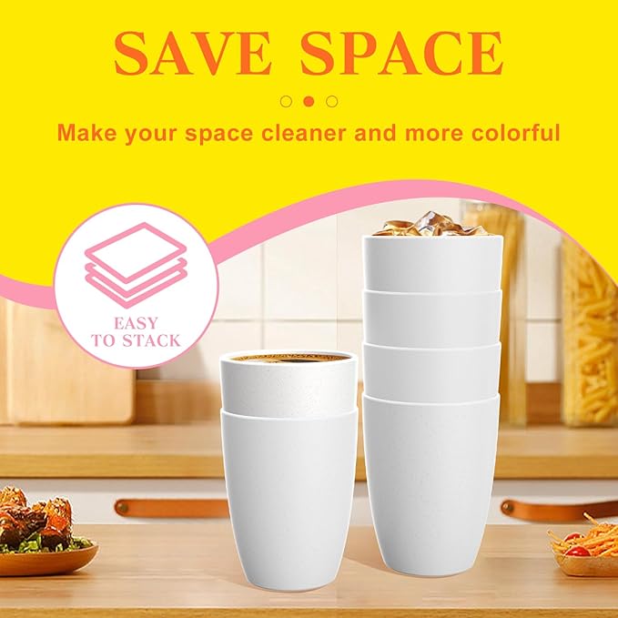 Homienly Wheat Straw Drinking Glasses, 12 OZ Alternative to Plastic Cups Set of 6, Reusable Drinking Cups for Kitchen, Outdoor, Unbreakable Lightweight Water Tumblers, Dishwasher Safe Cup Set(White)