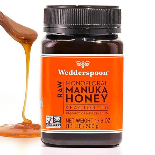 Wedderspoon Raw Premium Manuka Honey, KFactor 16, 17.6 Oz, Unpasteurized, Genuine New Zealand Honey, Traceable from Our Hives to Your Home
