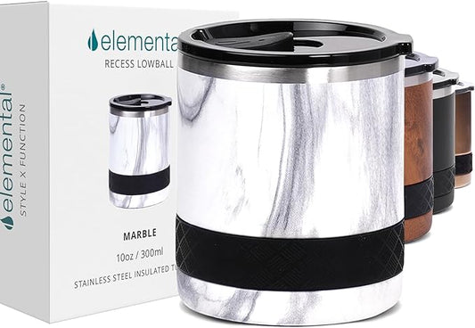 Elemental Recess Lowball Tumbler, 10oz Triple Wall Stainless Steel Cup with Non-Shattered Tritan Lid, Insulated Whiskey Glass, Insulated Coffee Tumbler Mug for Hot & Cold Drinks - White Marble