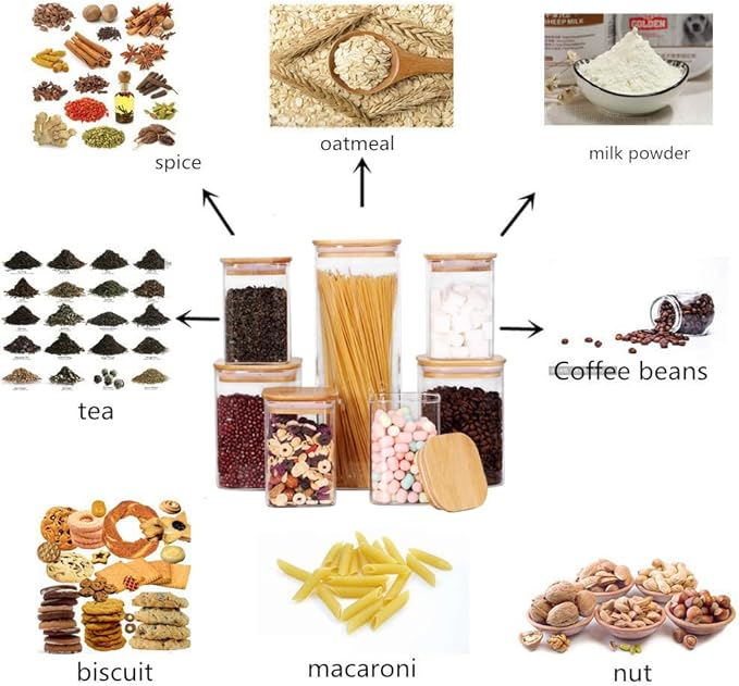 Glass Storage Canister with Wooden Lid, Set of 7 Square Glass Jars with Bamboo Lids, Glass Food Storage Containers for Pasta, Cereal, Flour, Sugar, Best for Kitchen & Pantry