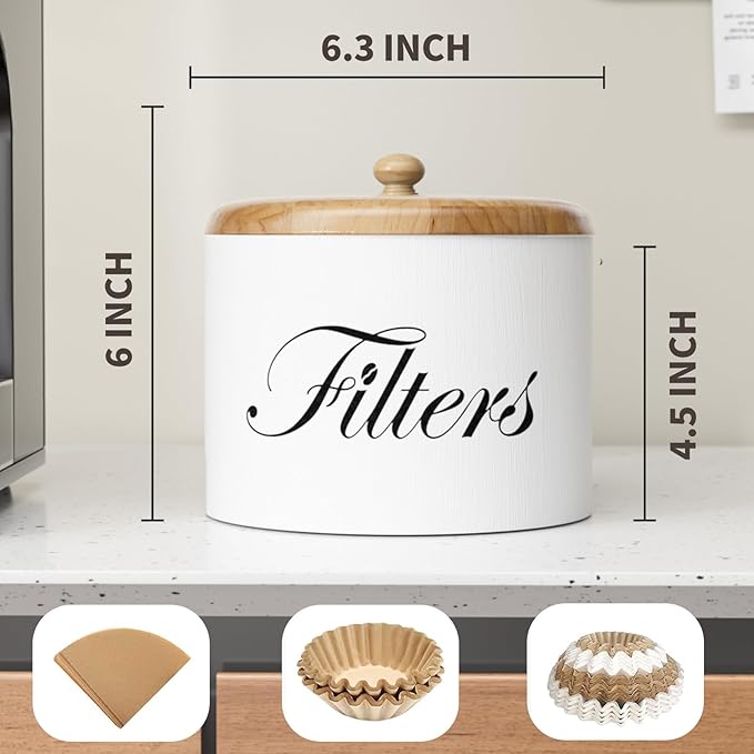 Coffee Filter Holder, Wooden Coffee Filter Storage with Lid, Round Coffee Filter Container for Counter, Rustic Farmhouse Coffee Bar Accessories Decor (White)