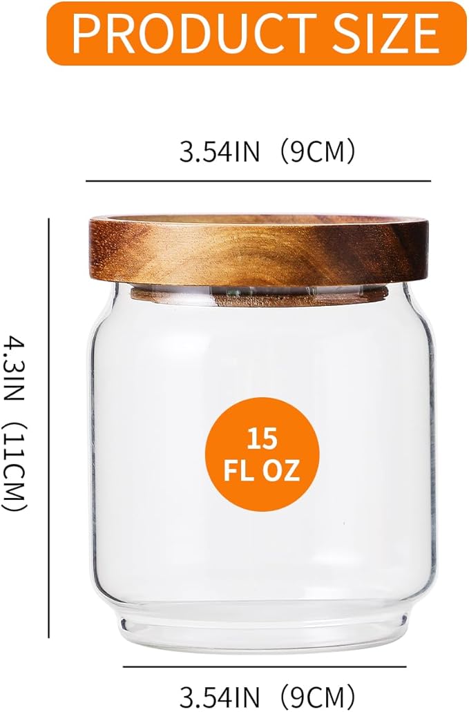 Glass Jars with Wood Lids 6 Pack with 112 Labels, 15 OZ Storage Food Canister for Coffee| Sugar| Snacks| Nuts