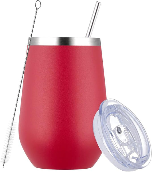 MEWAY 12oz Stainless Steel Wine Tumbler with Lid and Straw - Double Wall Vacuum Stainless Steel Coffee Mug, Gift for Woman Under 10 dollars(Red,1)