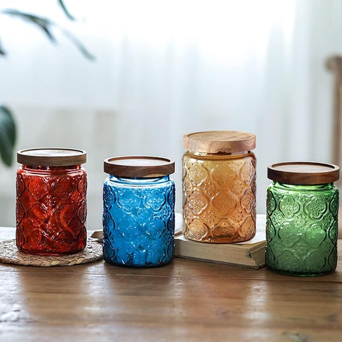 Vintage Glass Storage Jar with Solid Wood Lid - Sunflower Kitchen Canister for Coffee, Candy, Laundry Detergent - Cute Food Storage Jar for Pantry, Countertop (4 color-Begonia Flower, 23.7 Ounces)
