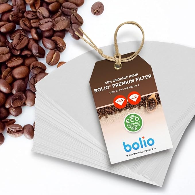 Premium Hemp White Paper Cone Coffee Filters - Peroxide Whitened - Compatible with V60 and All No.2 Size Pour Over Drippers - (Pack of 100)