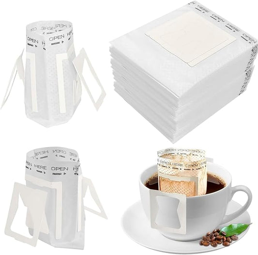 100 Pcs Premium Coffee Filter Paper Bags Disposable Single Serve Drip Coffee Bags with Hanging Ears, Fast Brewing, Mess-Free Design for Travel, Camping, Home & Office Use
