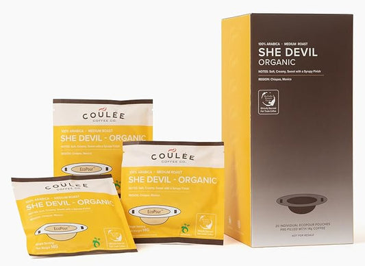 Coulée EcoPour She Devil Coffee, All Paper Single Serve Arabic Coffee, Medium Roast, Use for Camping or Traveling, Pre Filled Compostable Filters, Ready to Brew with Hot Water, Plastic Free, 20 Pack