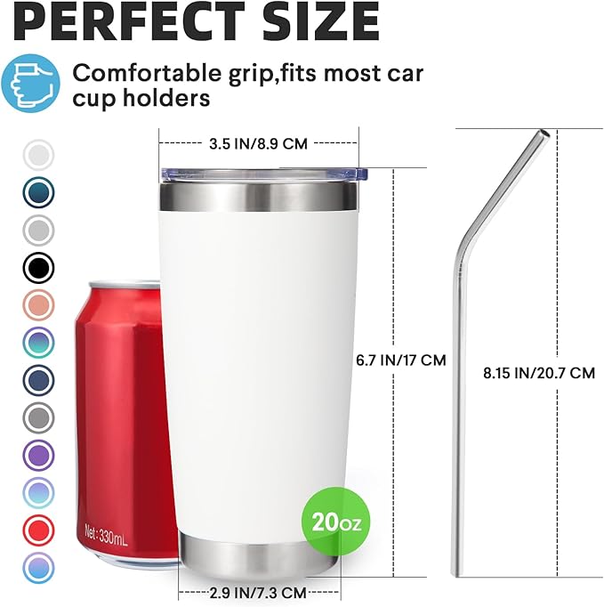 Volhoply 20oz Stainless Steel Tumbler with Lid and Straw,Double Wall Insulated Travel Iced Coffee Mug Fits Car Cup holder,Powder Coated Cups for Hot and Cold Drinks,Gifts for Women Men（White,1 Set）