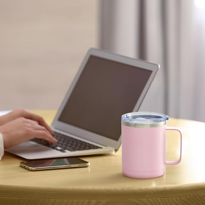 MEWAY 12oz Coffee Mug With Handle and Sliding Lid,Stainless Steel Travel Tumbler Cup with Handle,Double Wall Vacuum Insulated Camping Cup for Hot & Cold Drinks Tea (Pink,Set of 1)