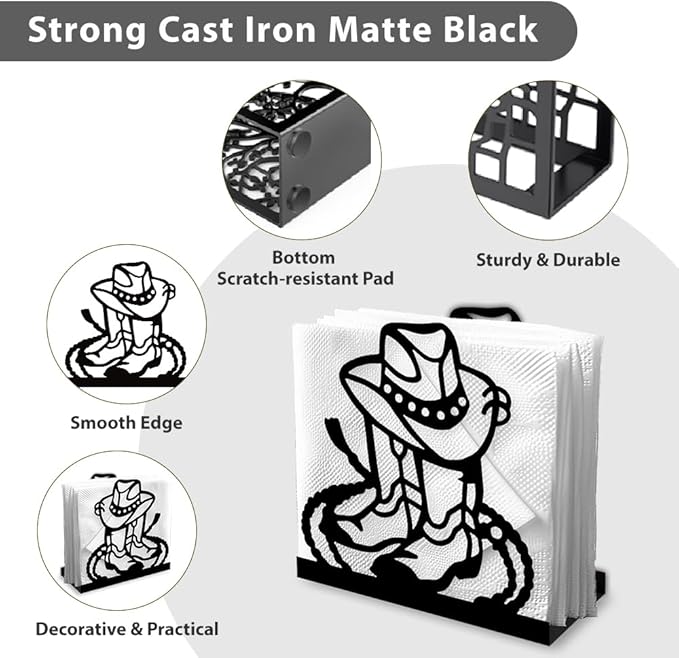 Cowboy Boot Decorative Black Metal Napkin Holder for Table, 4.9" x 4.9" x 2" Western Hat Lasso Standing Napkin Holder for Home Kitchen Restaurant Picnic Party Coffee Bar Dining Room