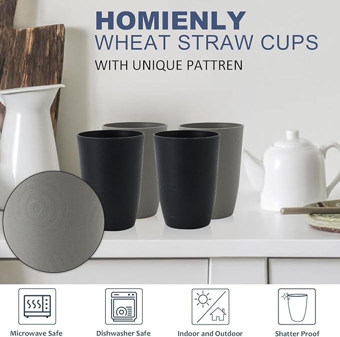 Wheat Straw Cups 6 PCS Plastic Cups Reusable Unbreakable Drinking Cup Dishwasher Safe Water Glasses with Unique Pattern(16 OZ,Black Grey)