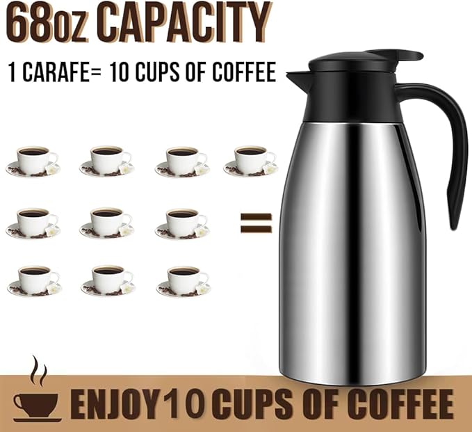 68oz Thermal Coffee Carafe, 2 Pack Airpot Insulated Coffee Urns Stainless Steel Vacuum Thermal Pot Dispenser for Coffee, Hot Water, Tea, Hot Beverage - Keep 12 Hours Hot, 24 Hours Cold (Silver,Silver)
