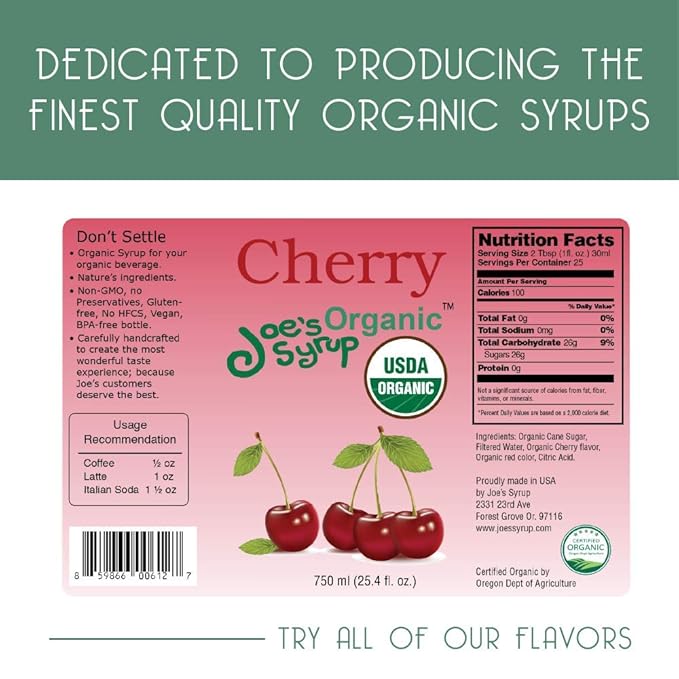 Joe’s Syrup Organic Flavored Syrup, Organic Cherry, 750 ml (3 Pack)
