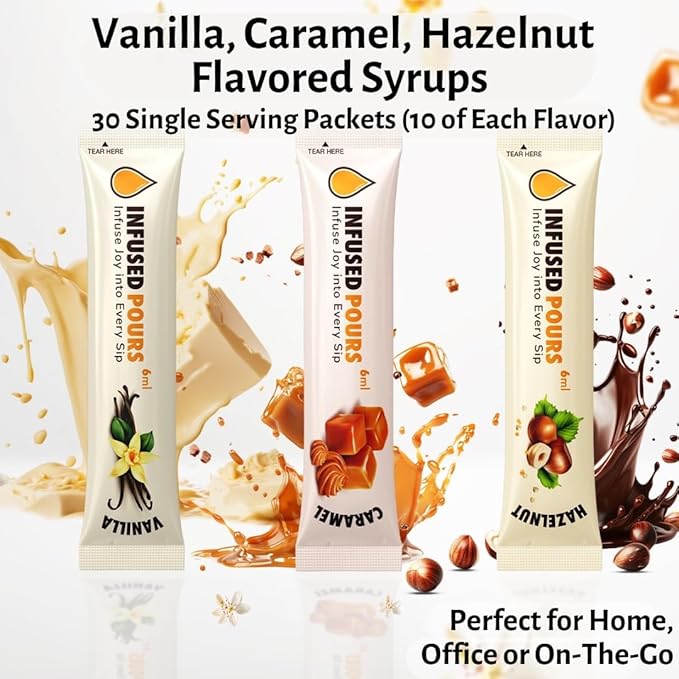 Single Serving Syrup Packets, Variety Pack, for Coffee and Cocktails - Flavors (10 Each): Vanilla, Caramel, Hazelnut - 6mL Each, 30 Count - Bag of Syrups by Infused Pours