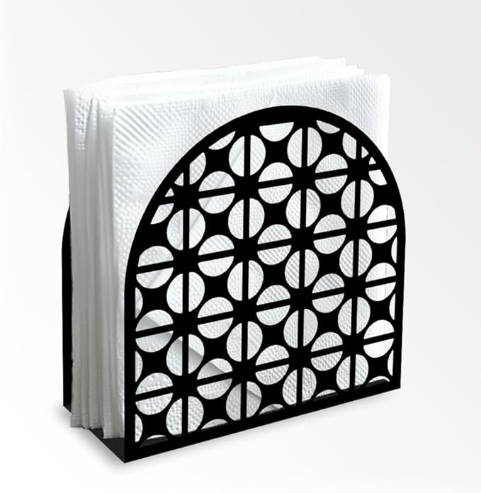 Modern Geometric Round Decorative Black Metal Napkin Holder for Table, 4.9" x 4.9" x 1.9" Standing Napkin Holder for Home Kitchen Restaurant Picnic Party Coffee Bar Dining Room