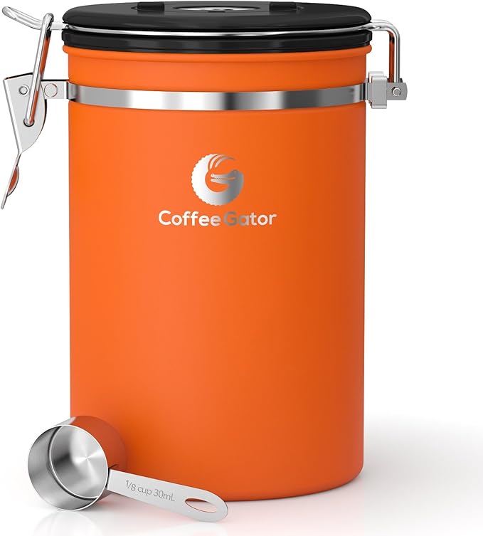 Coffee Gator Coffee Canister, 22oz Airtight Stainless Steel Kitchen Food Storage Container with Date Tracker, Scoop for Sugar, Grounds Coffee, Beans, Tea, Sugar, Cereal, Flour, Cookies Jars - Orange