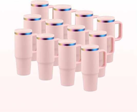 OMTech 40 oz. Tumblers with Handle & Lid, 12 Pack Tumbler Bulk with Double Wall Vacuum Insulation, Food-Grade Stainless Steel Insulated Coffee Mug, Sweatproof Travel Mug for Hot Cold Drinks, Pink