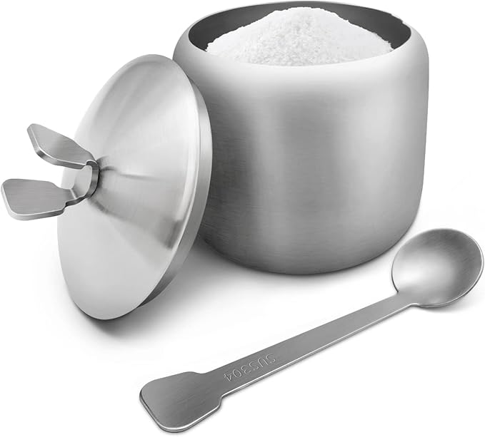 Stainless Steel Sugar Bowl Coffee Seasoning Jar Condiment Pot Spice Container Canister with Handle Cruet with Lid and Spoon…