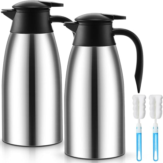 Norme 2 Pcs Thermal Coffee Carafe Insulated Stainless Steel Coffee Carafe for Hot Liquid Vacuum Thermal Pot Creamer Pitcher Dispenser with Brushes Keeping Hot Water Milk(Silver,68 oz)