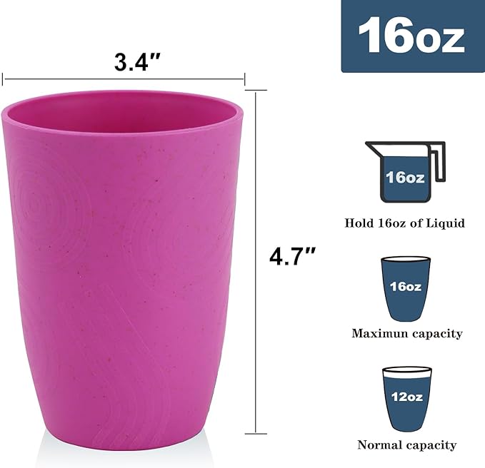 Homienly Wheat Straw Cups 6 PCS Plastic Cups Reusable Unbreakable Drinking Cup Alternative Plastic Cups Plastic Stackable Water Tumblers Dishwasher Safe Water Glasses (16 OZ,Pink)