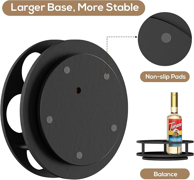 THYGIFTREE Rotating Coffee Syrup Organizer 7 Bottles Syrup Rack for Countertop Wood Syrup Bottle Holder Stand for Coffee Bar Station, Turntable Wine Display Tray, Black