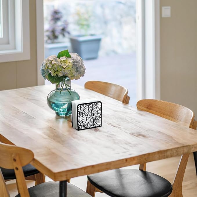 Morden Leaf Decorative Black Metal Napkin Holder for Table, 4.9" x 4.9" x 1.9" Standing Napkin Holder for Home Kitchen Restaurant Picnic Party Coffee Bar Dining Room