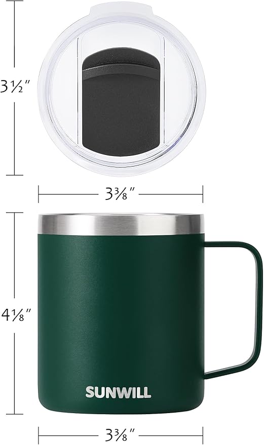 SUNWILL Travel Coffee Mug with Lid, Insulated Cup with Handle, 14 oz Stainless Steel Tumbler for Camping, Office, Outdoor, Powder Coated Forest Green