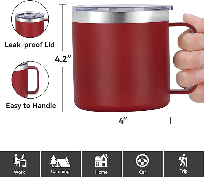 VEGOND 14 oz Insulated Coffee Mug with Handle, Stainless Steel Travel Coffee Mug with Lid, Double Wall Vacuum Metal Coffee Cup, Coffee Tumbler Powder Coated, Red 1 Pack