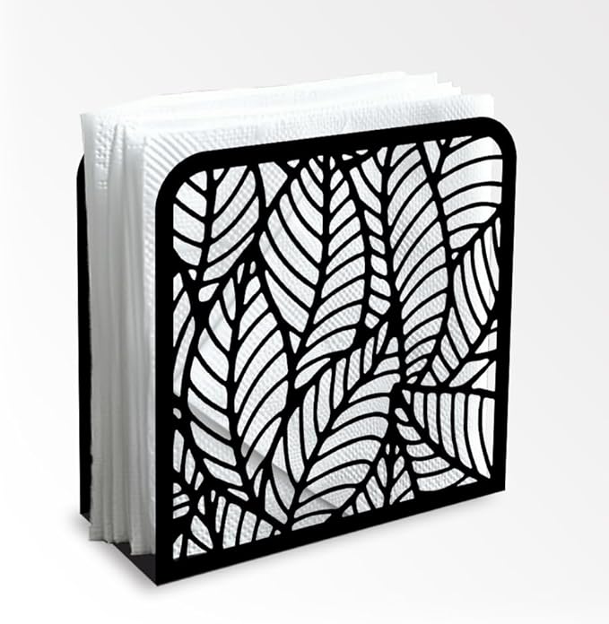 Morden Leaf Decorative Black Metal Napkin Holder for Table, 4.9" x 4.9" x 1.9" Standing Napkin Holder for Home Kitchen Restaurant Picnic Party Coffee Bar Dining Room