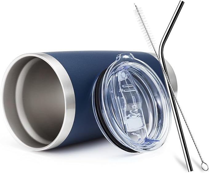 COMOOO 20oz Navy Double Wall Vacuum Insulated Travel Mug, Stainless Steel Tumbler with Lid, Durable Powder Coated Insulated Coffee Cup for Cold & Hot Drinks, 1 Pack