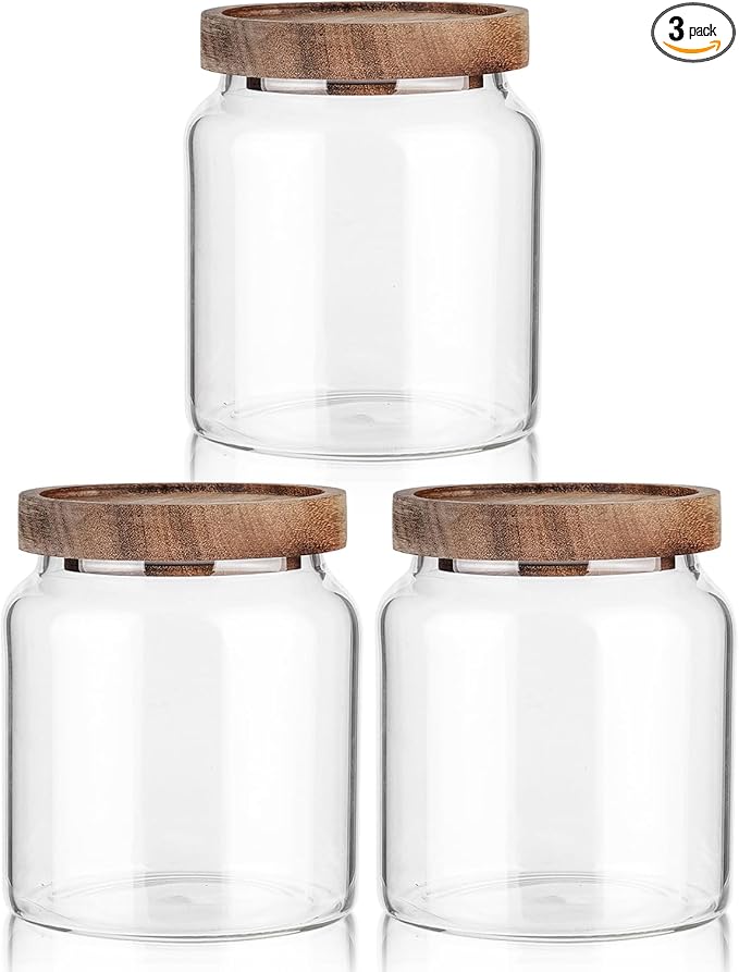 Labina Glass Storage Container Airtight Food Jars Kitchen Canister with Wood Lids, 20 Oz Wide Mouth Pantry Organization Glass Jar for Flour, Sugar, Cookie, Spagetti, Nuts and Candy (3 Pack)