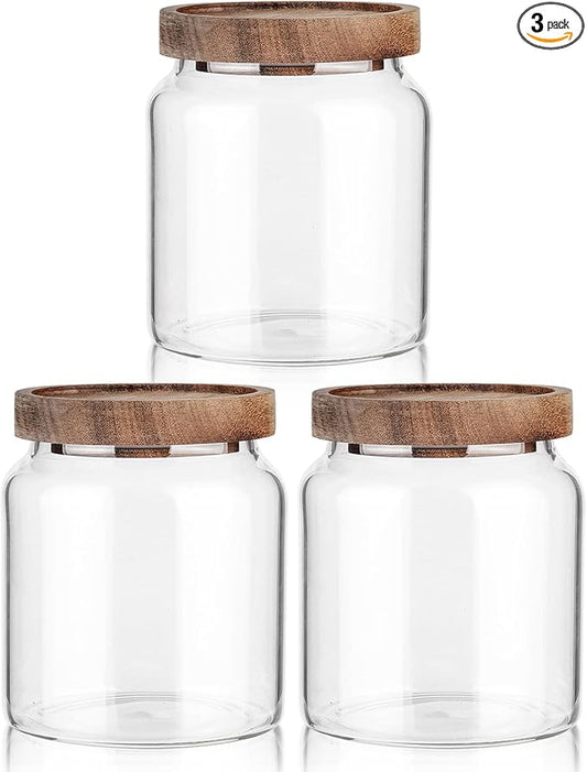 Labina Glass Storage Container Airtight Food Jars Kitchen Canister with Wood Lids, 20 Oz Wide Mouth Pantry Organization Glass Jar for Flour, Sugar, Cookie, Spagetti, Nuts and Candy (3 Pack)