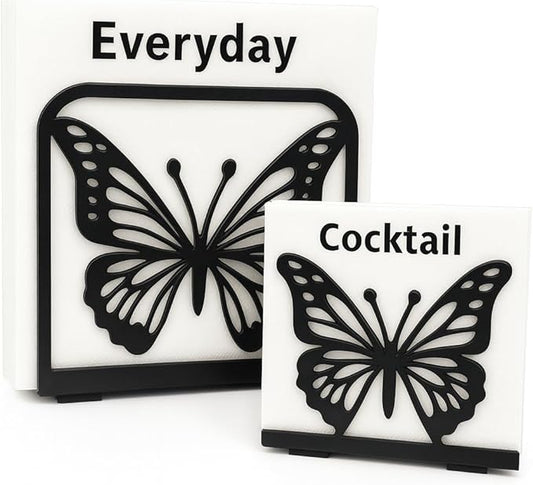 Butterfly Napkin Holder Set – 2 Pack Metal Stand for Everyday & Cocktail Napkins | Modern Black Decorative Coffee Filter Holder for Kitchen, Coffee Bar, Party, Dining Table & Gift