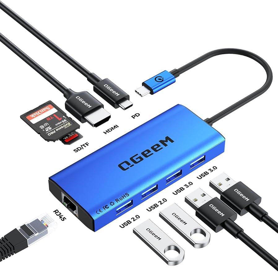 QGeeM USB C Hub Ethernet,9 in 1 USB Type C Hub HDMI Multi-Port Converter Adapter,100W Pd, USB 3.0,SD/TF Card Reader,Compatible for MacBook Pro Air Ipad HP Dell Lenovo Chromebook etc.-Blue