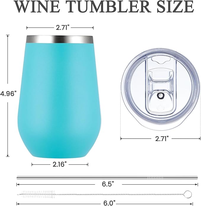 MEWAY 12oz Insulated Wine Tumbler with Lid and Straw - Double Wall Vacuum Stainless Steel Wine glass, Ideal for Travel and Office, Baby shower prizes for winners(Light Green,Set of 8)