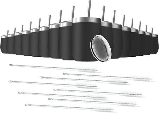 12oz Wine Tumbler with Lid With straw Stainless Steel Wine Tumbler Cups Double Wall Vacuum Insulated Travel Mugs Stemless Cup 16 Pack (Black)