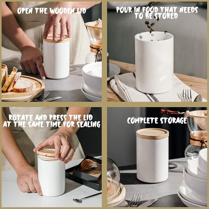 Sweejar Kitchen Canisters Ceramic Food Storage Jar, Stackable Containers with Airtight Seal Wooden Lid for Serving Ground Coffee, Tea, Sugar, Salt and More - 16 Fl Oz (Navy New)