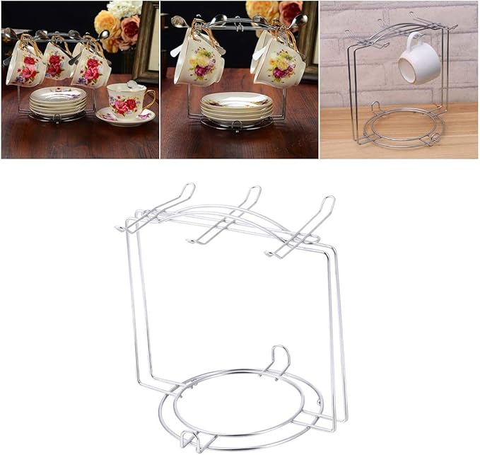 Mug Rack Stainless Steel Cup Plate Organizer Coffee Cup Holder Mug Drying Storage Rack for 4 Cups 6 Plates (Silver) Mug Rack Countertop