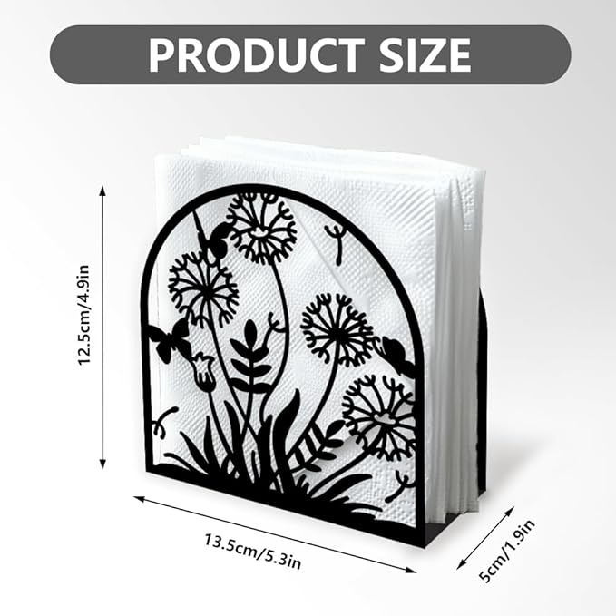 Dandelion Decorative Black Metal Napkin Holder for Table, 5.3" x 4.9" x 1.9" Grass Flower Standing Napkin Holder for Home Kitchen Restaurant Picnic Party Coffee Bar Dining Room