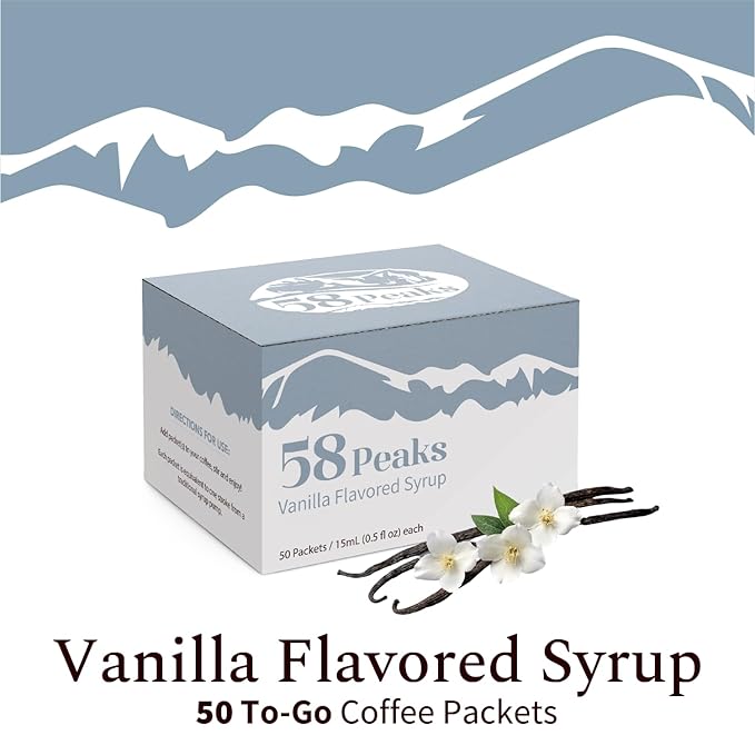 58Peaks Vanilla Flavored Syrup Sweetener Packets for Hot and Cold Drinks | To-Go Syrup Flavoring Perfect for Coffee, Tea, Milkshake and More | Flavored Coffee Syrups for Travel | 15mL | 50-Pack