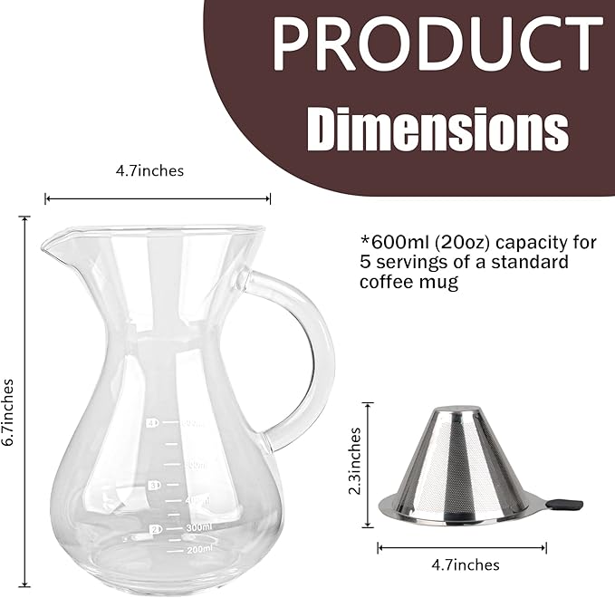 T-mark Pour Over Coffee Maker with Reusable Double-layer Stainless Steel Filter, 600ml/20oz BPA-Free Glass Coffee Carafe, Glass Coffee Maker, Coffee Dripper Brewer