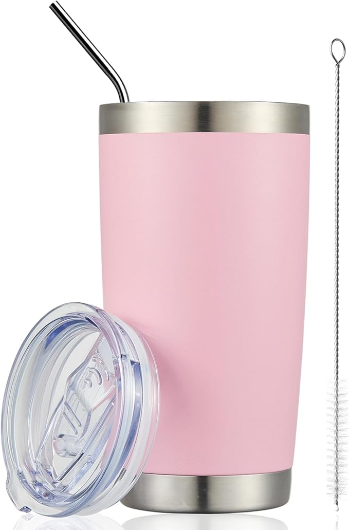 COMOOO 20oz Double Wall Vacuum Insulated Travel Mug, Stainless Steel Tumbler with Lid, Durable Powder Coated Insulated Coffee Cup for Cold & Hot Drinks (Pink, 1 Pack)