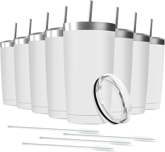 20oz Tumbler Vacuum Insulated Travel Mug with Lids, Stainless Steel Double Wall Bulk Cup for Home, Office, Outdoor Suitable for Vehicle Cup Holders(Set of 8, White)