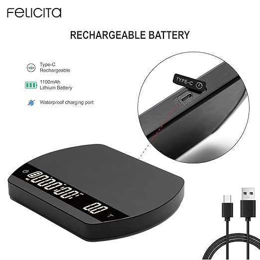 FELICITA ARC Coffee Scale, Electronic Espresso Scale and Pour-Over Coffee Scale with Timer, 0.1g Accurate, Water Flow Rate and Auto Timing Functions with 5 Working Modes