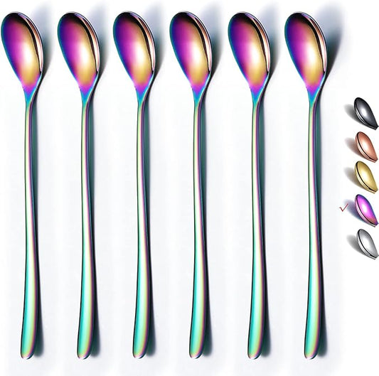 Rainbow Long Handle Spoons, Coffee Stirrers, Premium Stainless Steel Coffee & Ice Cream Spoons, Set of 6 (Colorful)