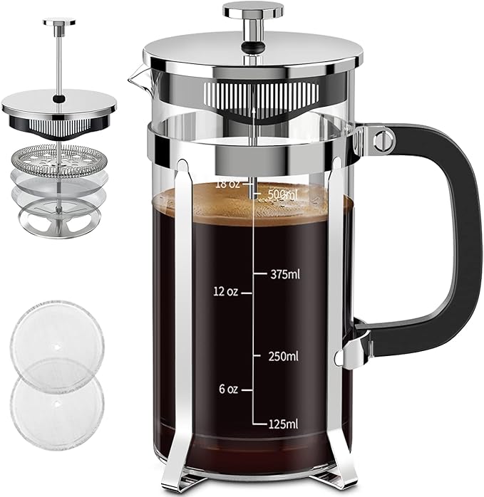 QUQIYSO French Press Coffee Maker 304 Stainless Steel French Press with 4 Filter, Heat Resistant Durable, Easy to Clean, Borosilicate Glass Coffee Press, 100% BPA Free Glass Teapot, 21 ounce, Silver