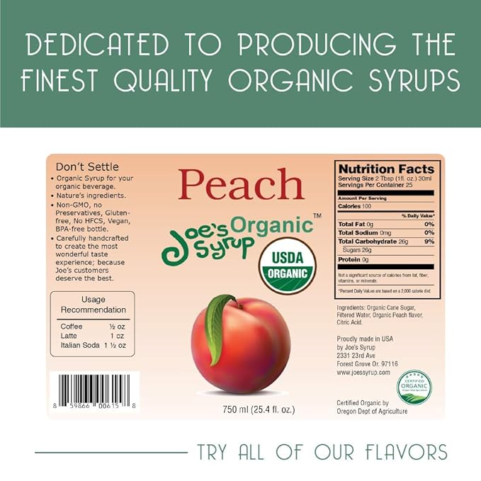 Joe’s Syrup Organic Flavored Syrup, Organic Peach, 750 ml (3 Pack)