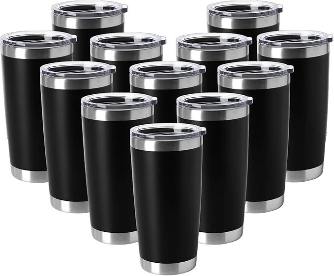 HASLE OUTFITTERS 20oz Tumblers Stainless Steel Mugs with Lid Double Wall Vacuum Insulated Coffee Cups for Cold & Hot Drinks (20oz-Black, 12 Pack)