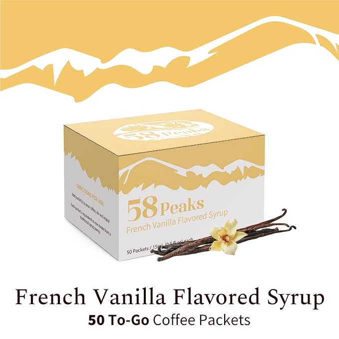 58Peaks French Vanilla Flavored Syrup Sweetener Packets for Hot and Cold Drinks | To-Go Syrup Flavoring Perfect for Coffee, Tea, Milkshake and More | Flavored Coffee Syrups for Travel | 15mL | 50-Pack